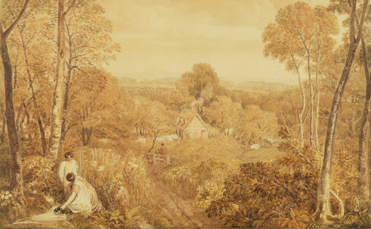 Wooded landscape with cottages and countrywomen, Hurley, Berks, 1818 by Joshua Cristall