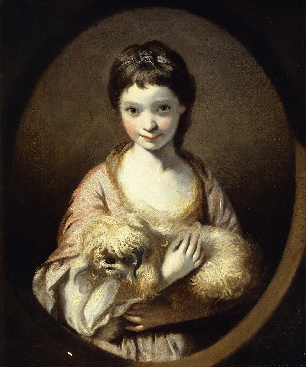 Portrait of Miss Emilia Vansittart, half length, wearing a Pink and White Dress holding a Dog by Joshua Reynolds