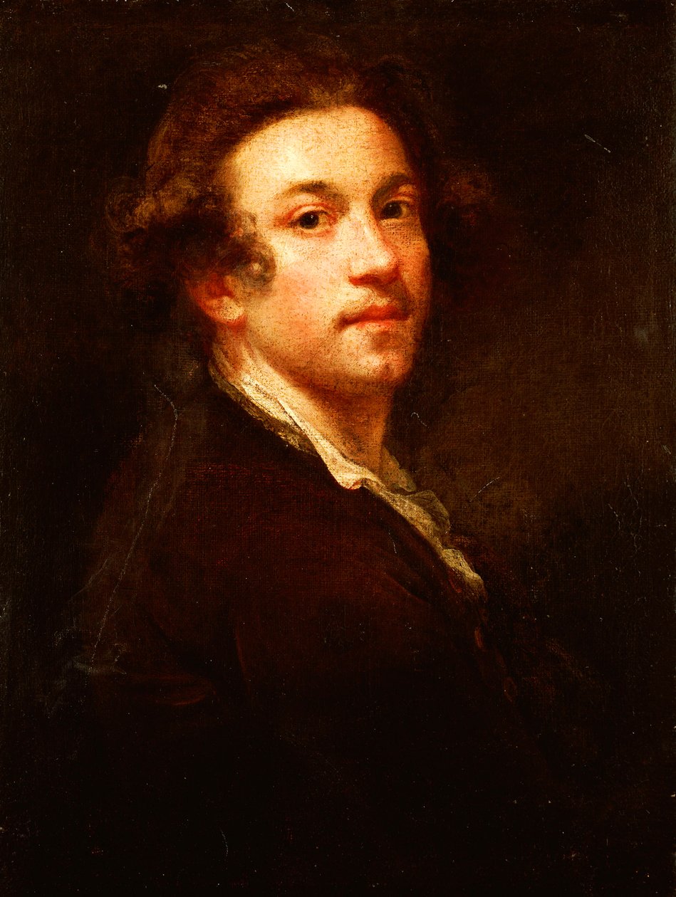 Self-portrait, half length, looking over his shoulder, in a brown coat and white shirt by Joshua Reynolds