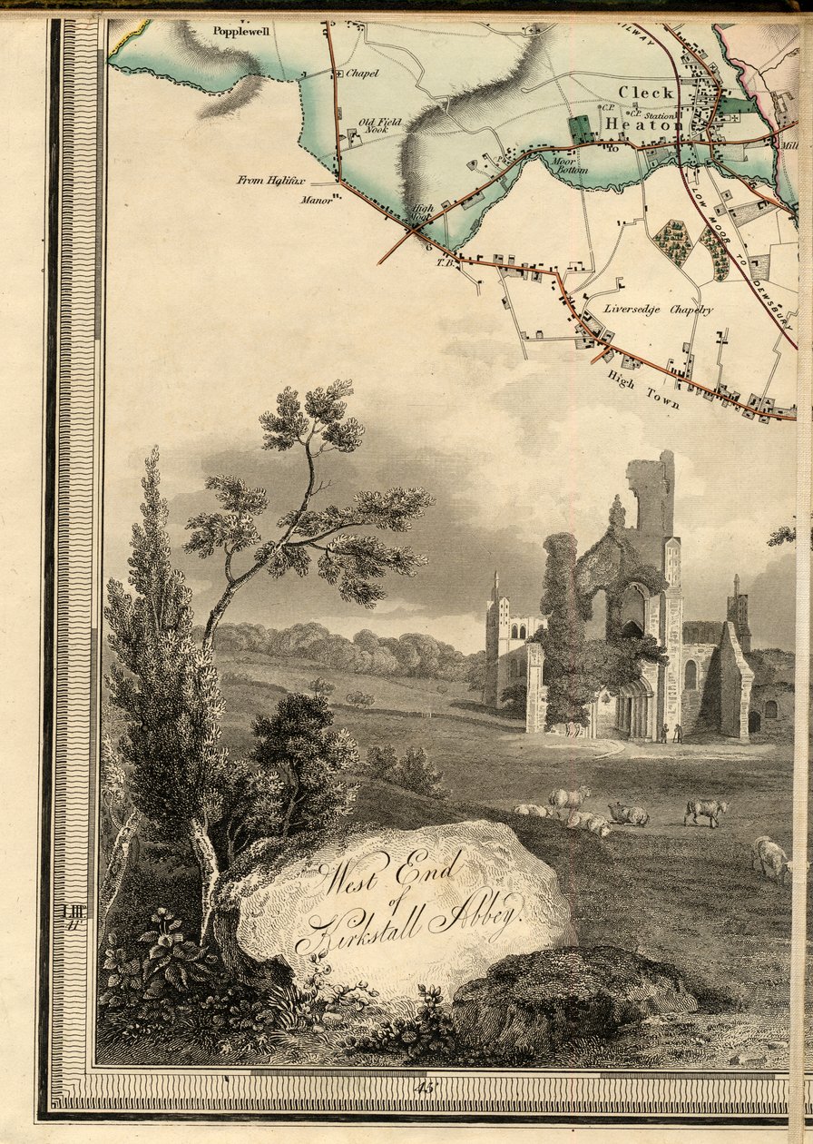 D1, Cleckheaton & Engraving of the West End of Kirkstall Abbey by Joshua Thorp