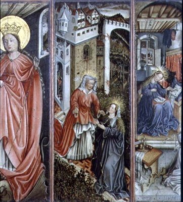 Visitation, centre right panel of polyptych by Jost (attr. to) Amman