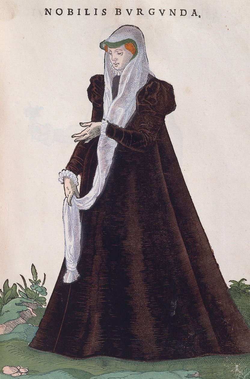 Burgundian noble woman in traditional costume, engraving from Habitus praecipuorum popularum by Jost Amman