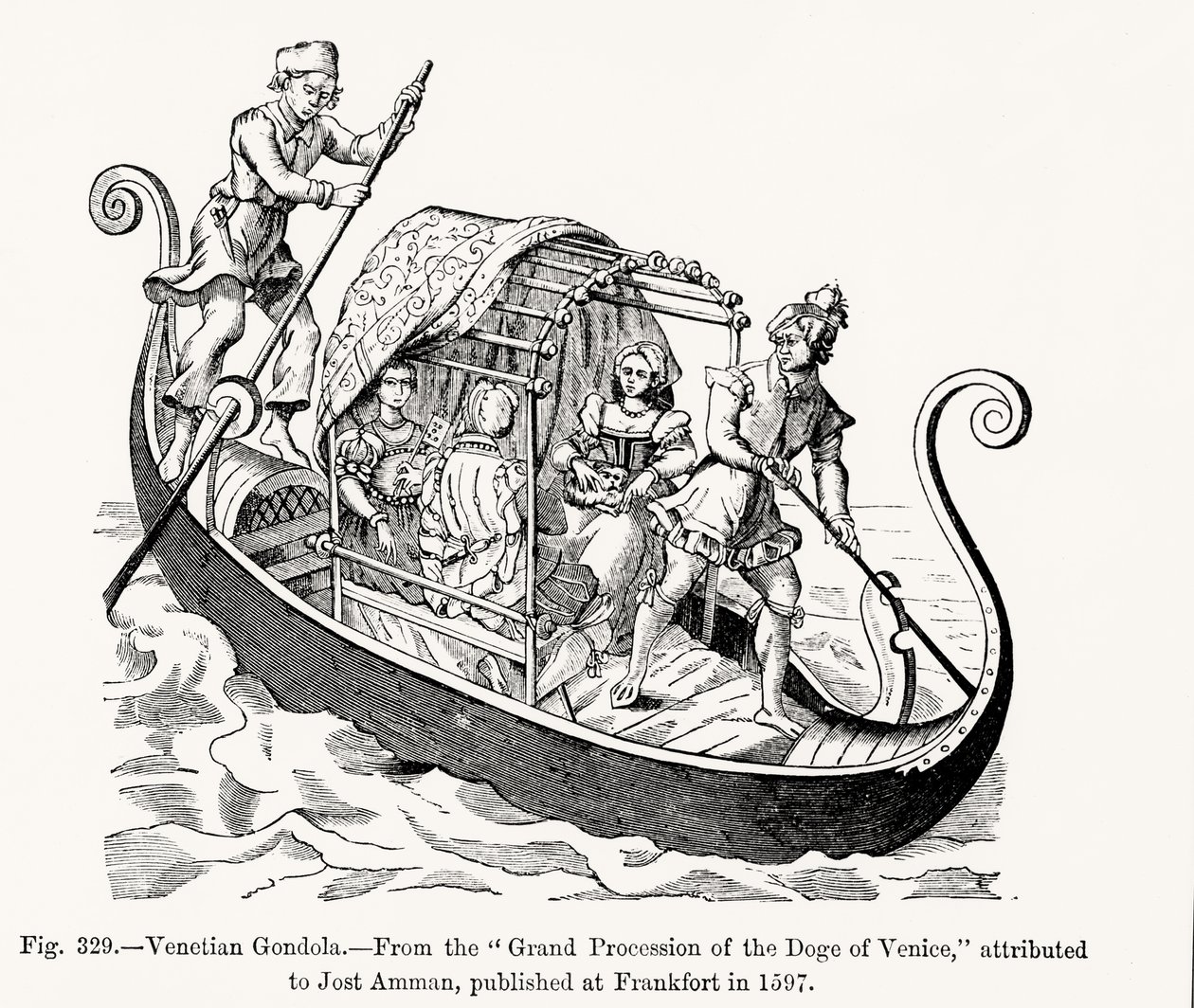 Venetian Gondola, from Grand Procession of the Doge of Venice, illustration from Science and Literature in the Middle Ages and the Renaissance, engraved by Paul Lacroix by Jost (after) Amman