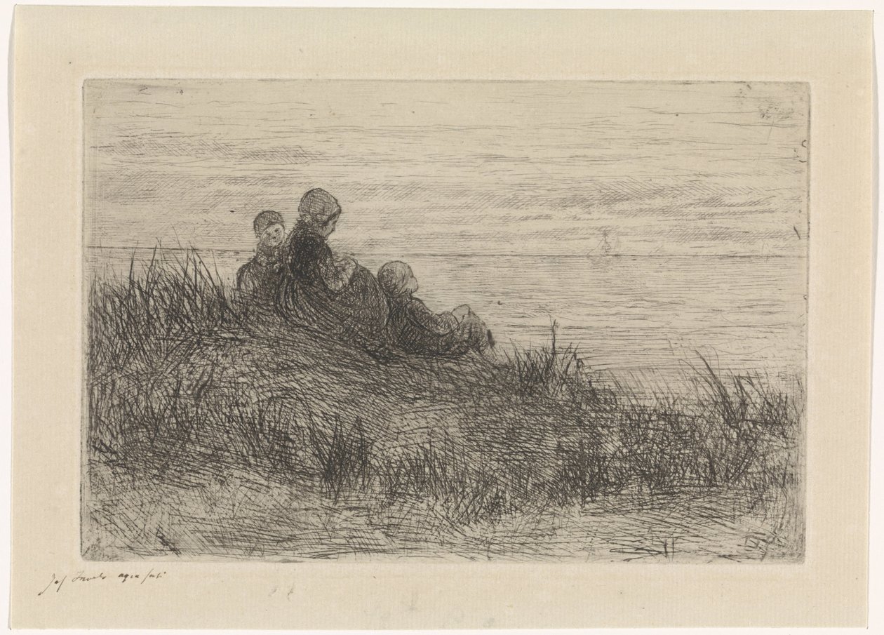 Dune Landscape with Mother and Children by Jozef Israëls (signed by artist)