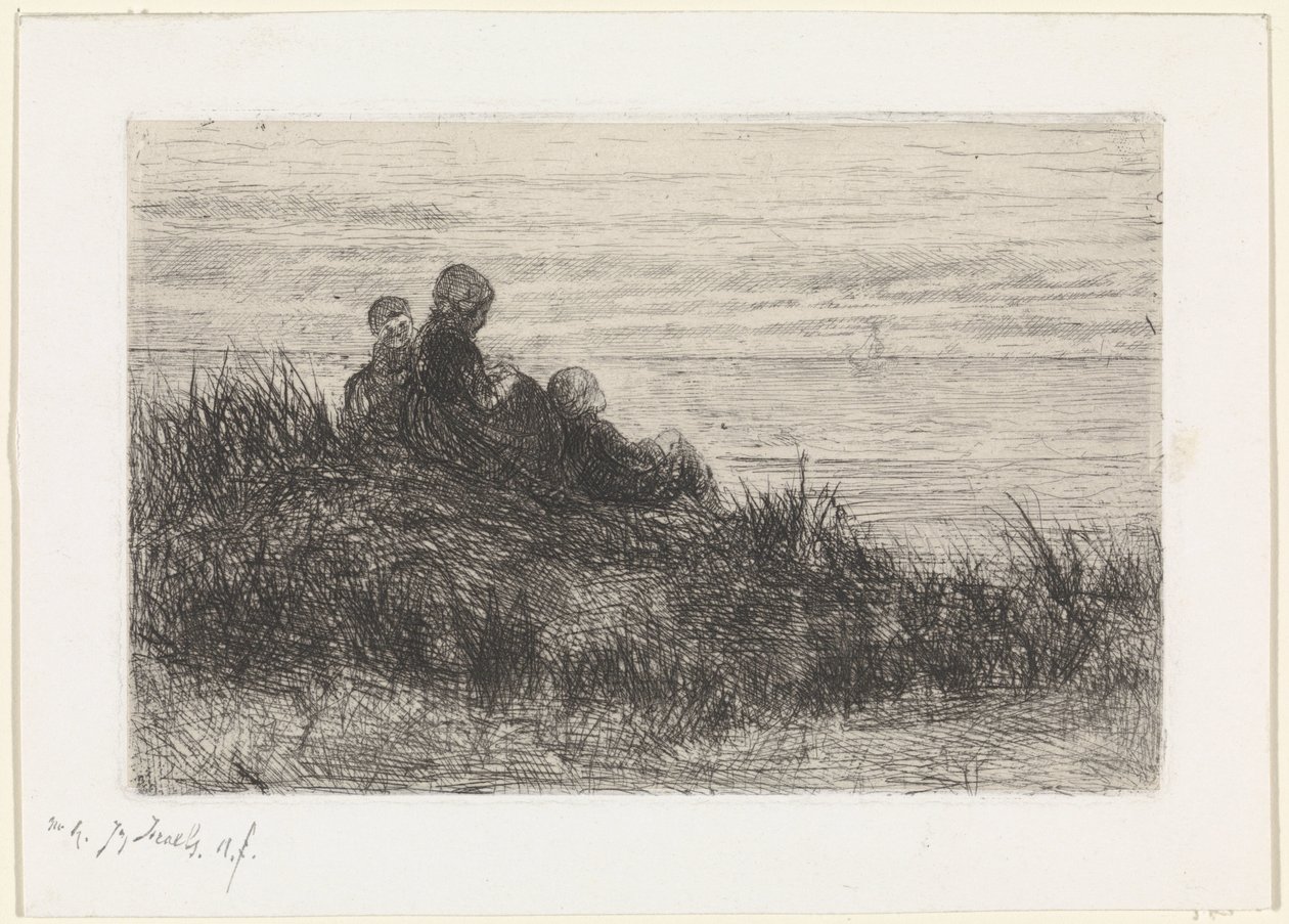 Dune Landscape with Mother and Children by Jozef Israëls (signed by artist)