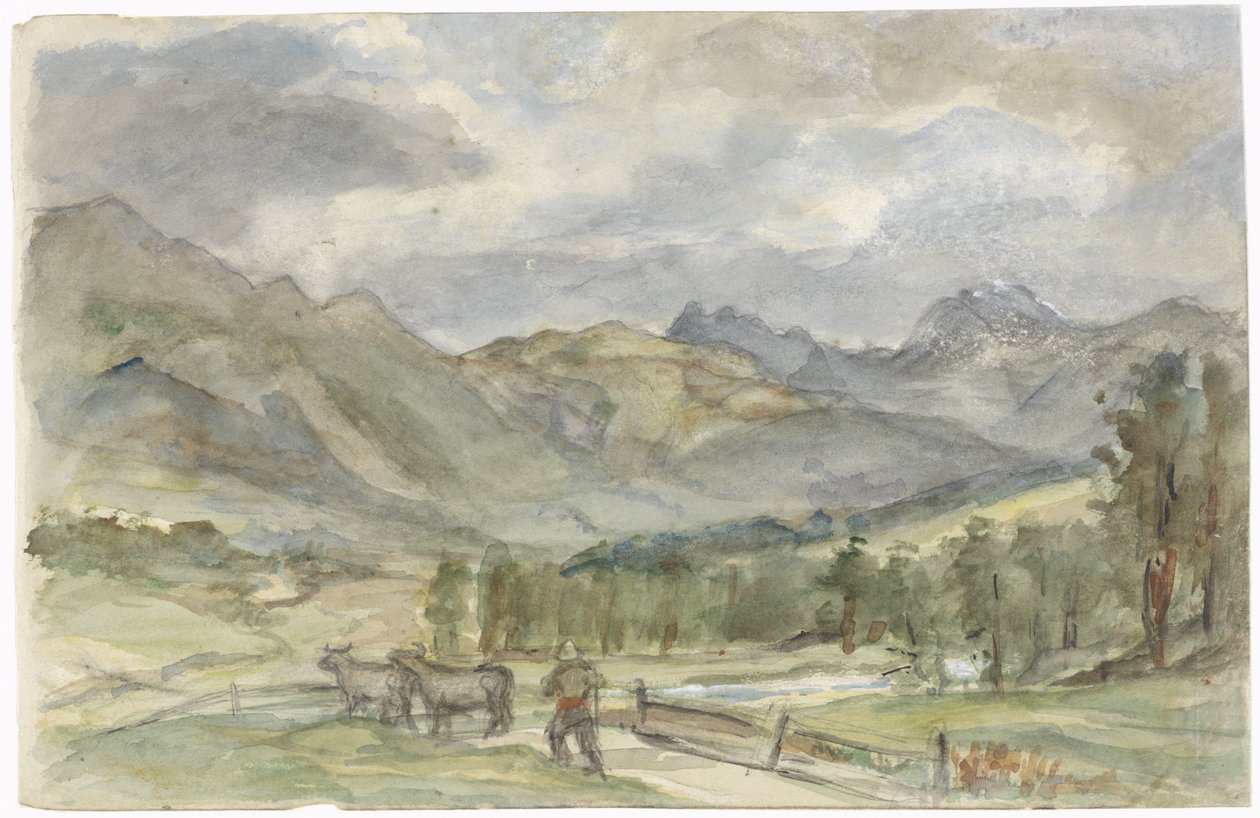 Mountain Landscape with Herdsman and Two Cows by Jozef Israëls