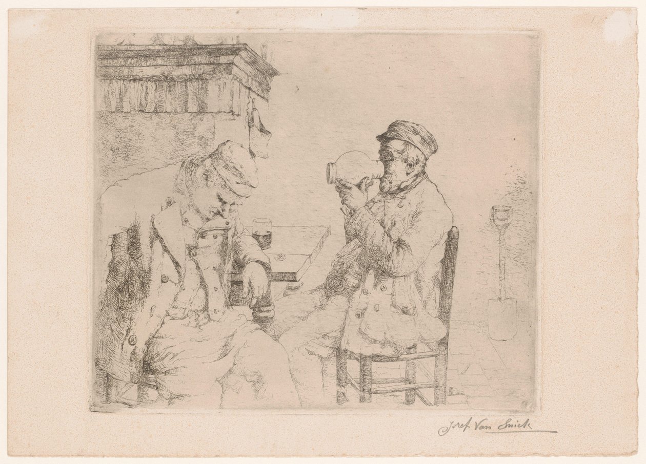 Two Drinking Men at a Table by a Fireplace by Jozef van Snick