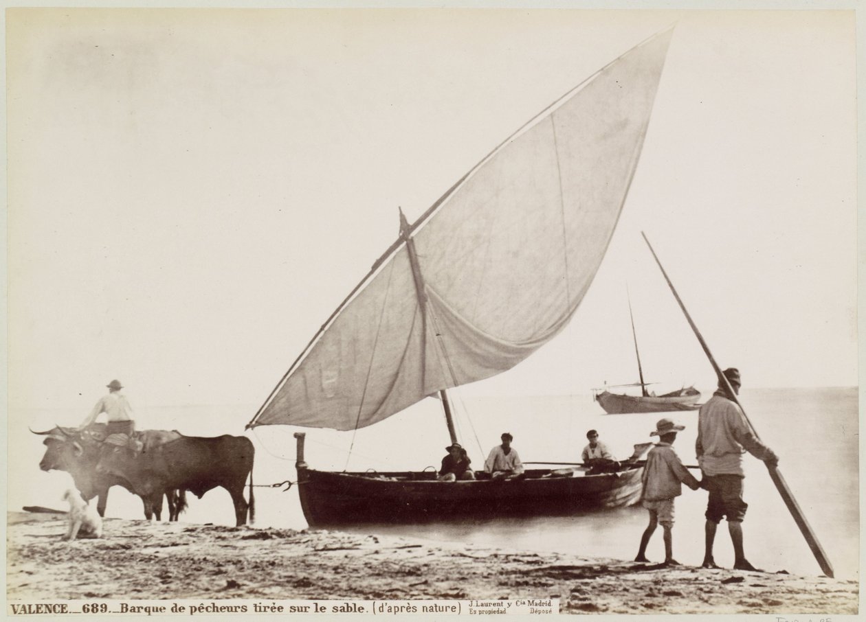 Oxen Pulling a Fishing Boat onto the Beach in Valencia by Juan Laurent