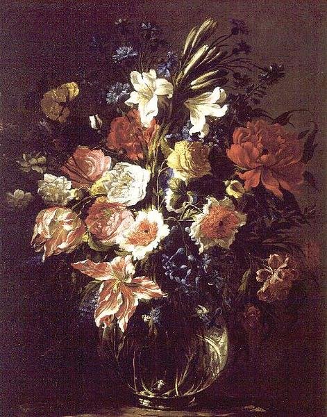 Lilies, Peonies, Tulips, Cornflowers and Other Flowers in a Glass Vase on a Pedestal by Juan de Arellano