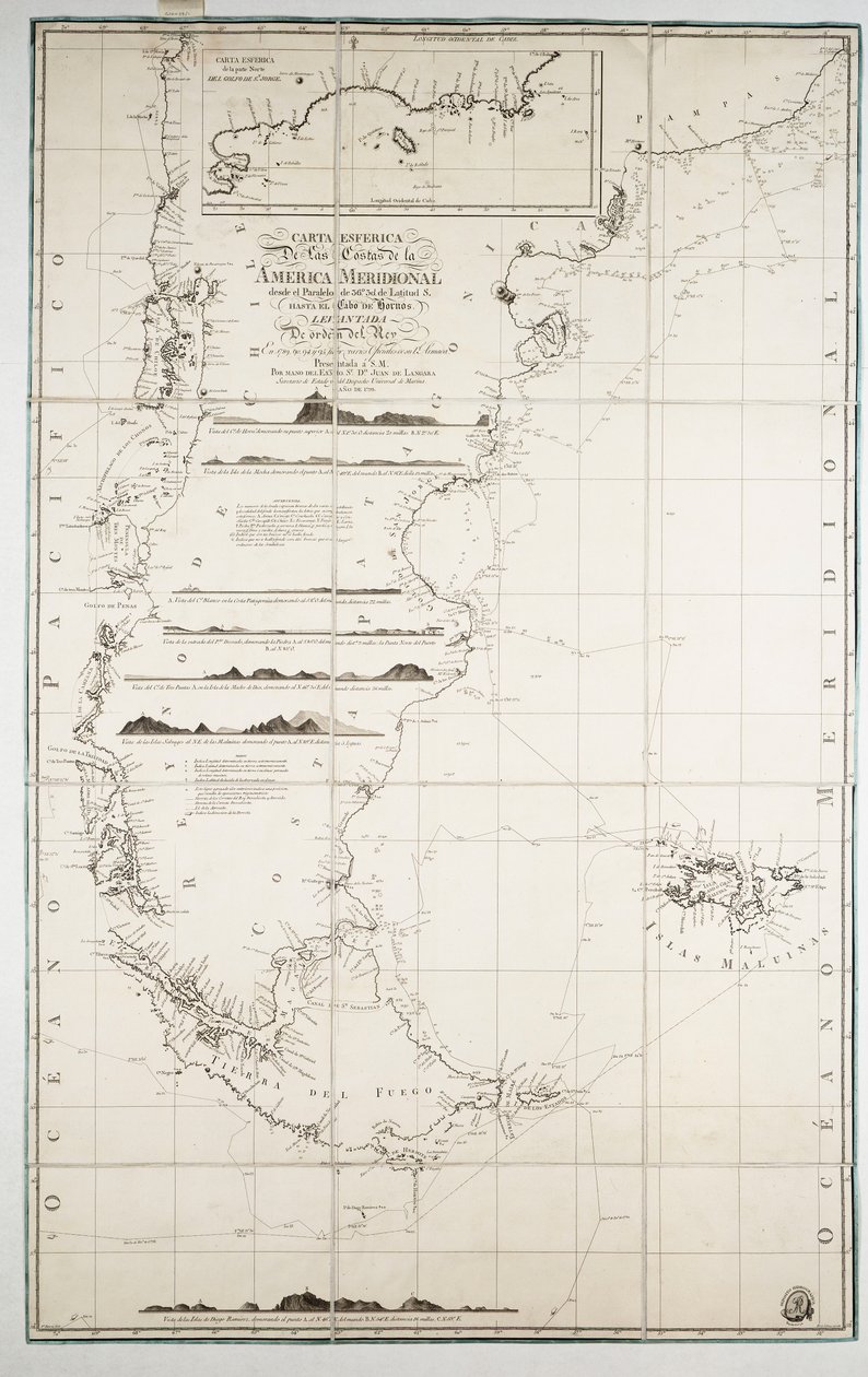 Map of Chile, Patagonia, Tierra del Fuego and the Falkland Islands, c.1798 by Juan de Langara