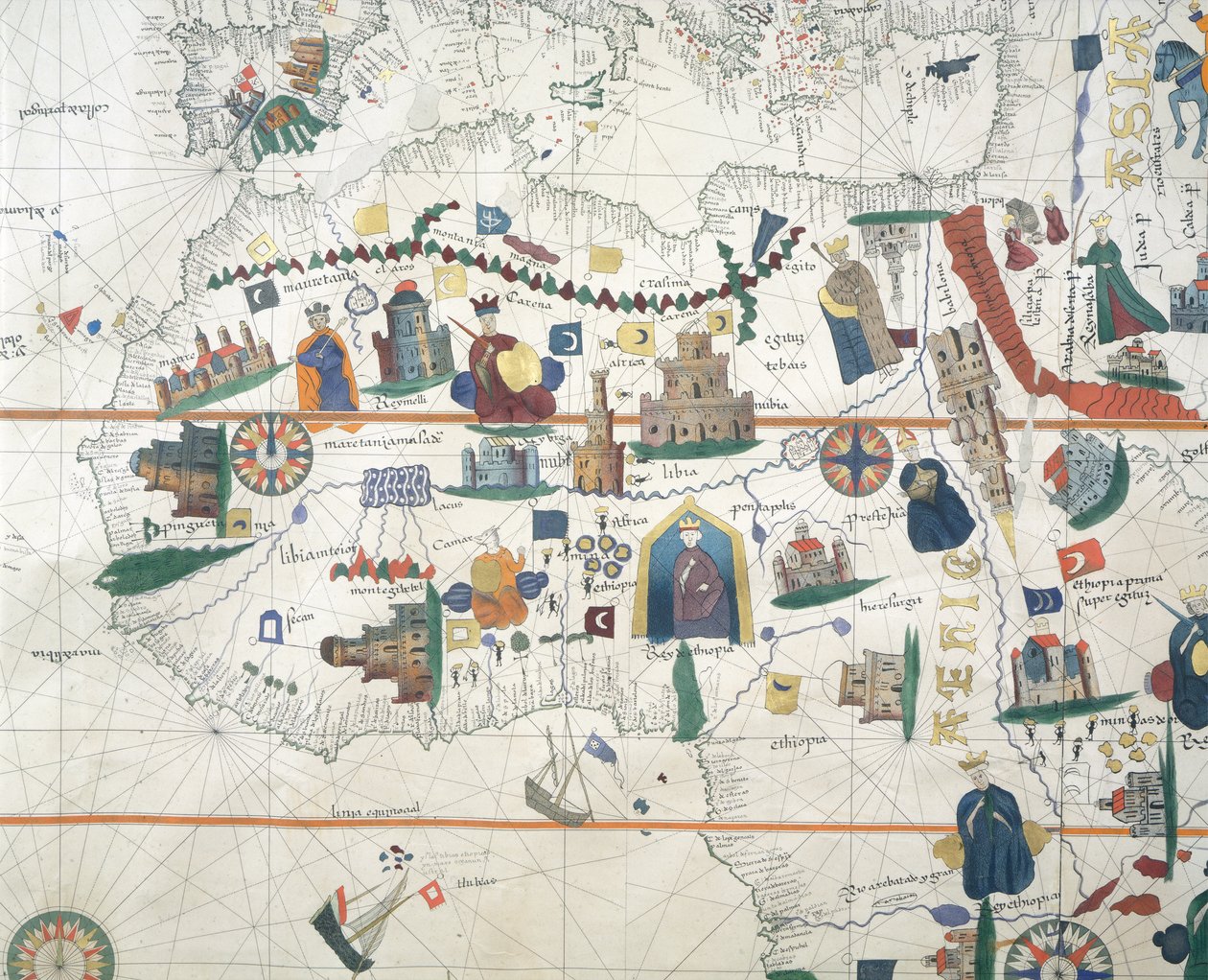 Detail of Africa and Mediterranean Basin, marine chart by Juan de la Cosa