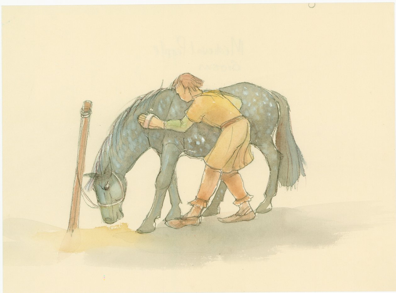 A Medieval Groom Brushing a Horse by Judith Dobie