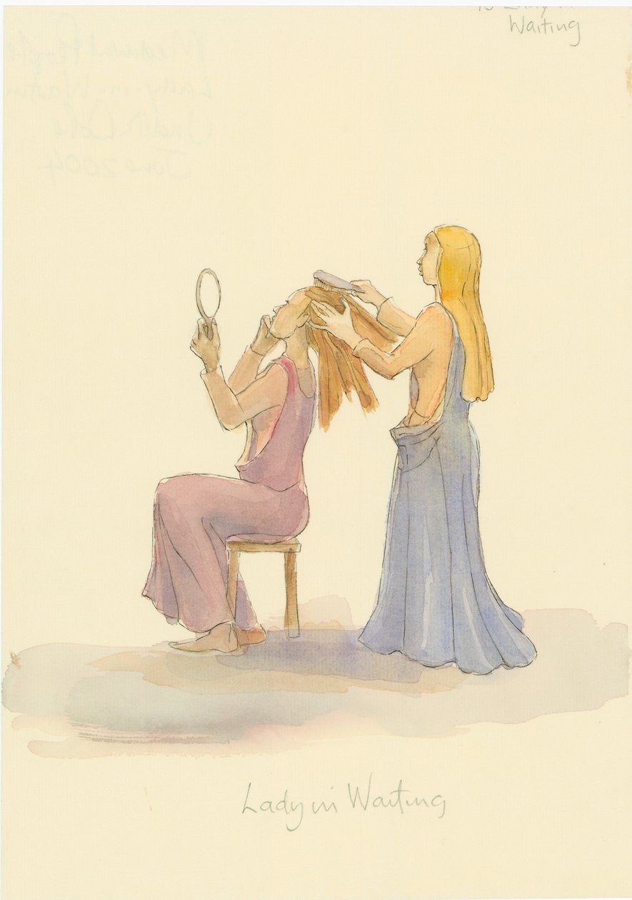 A medieval lady in waiting, brushing the hair of a lady, 2004 by Judith Dobie