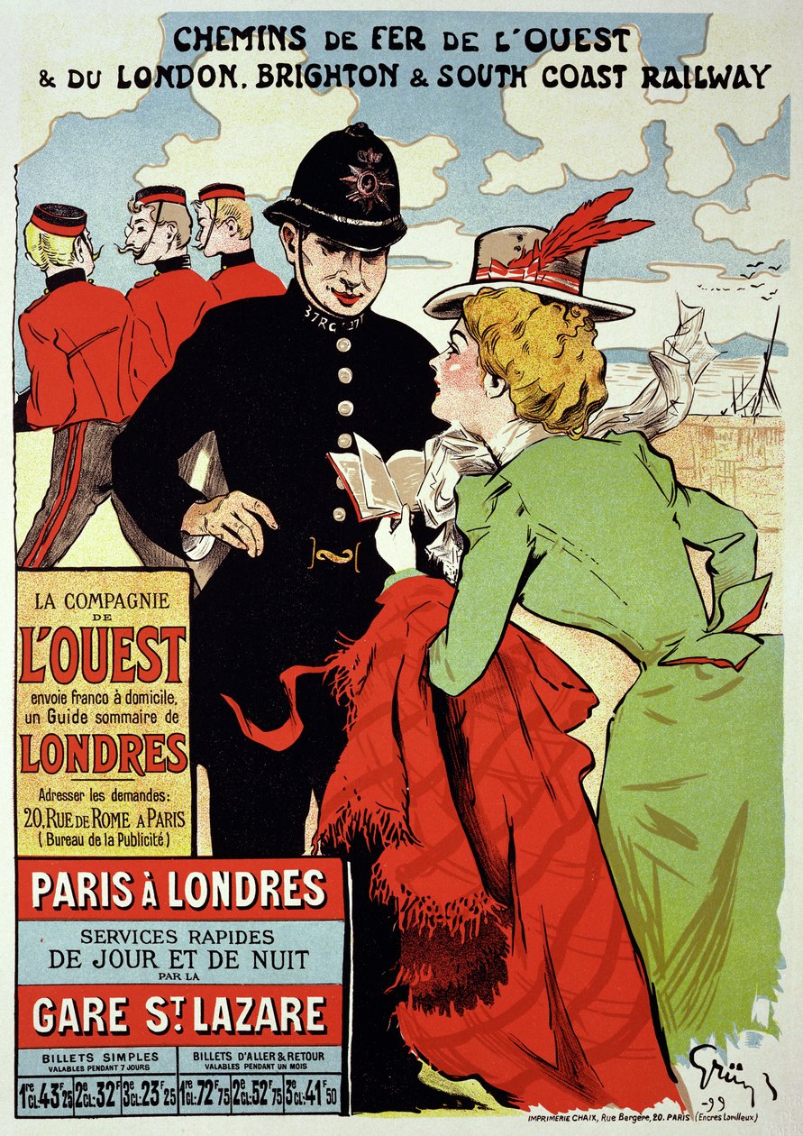 Reproduction of a Poster Advertising Trains from Paris to London by Jules Alexandre Gruen or Grun