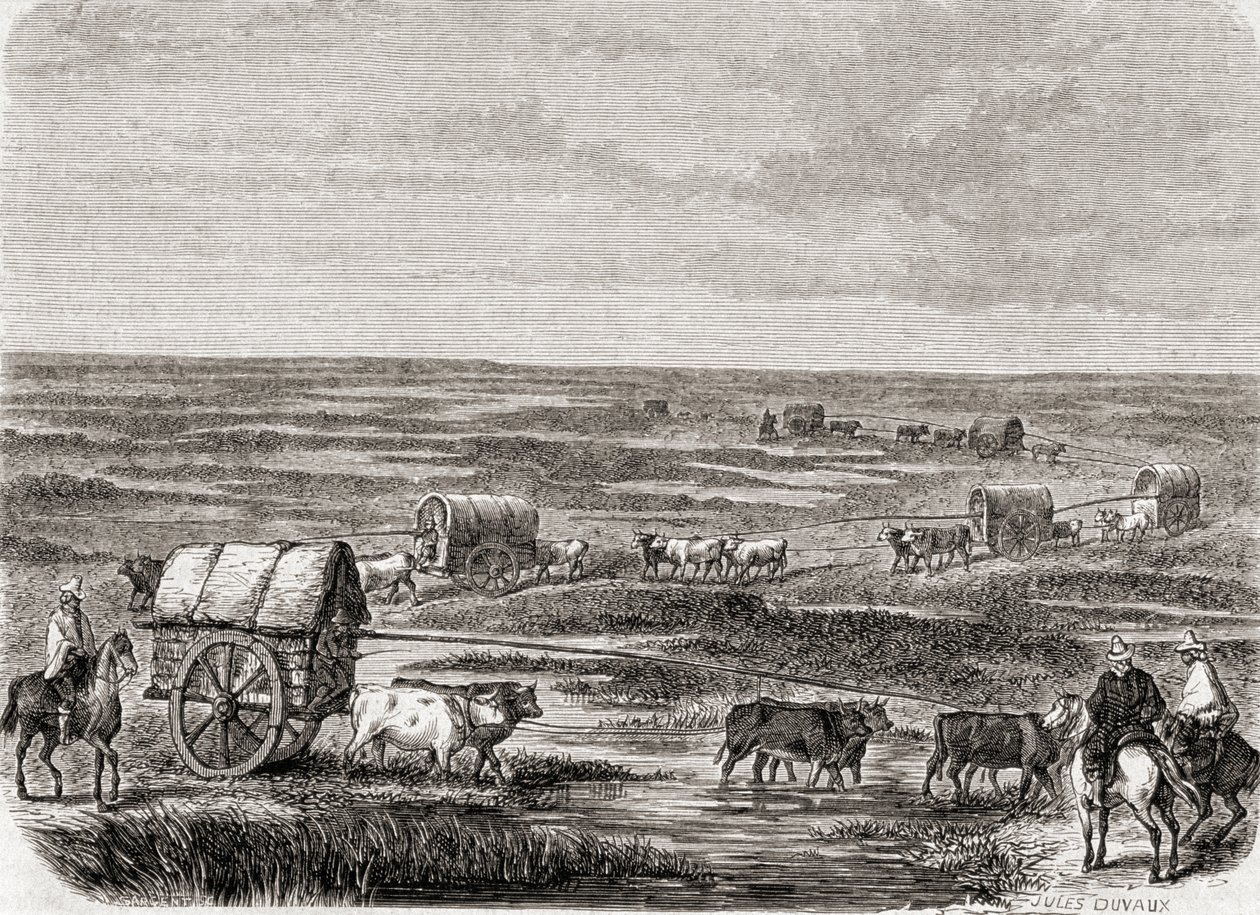 Wagon Train on the Argentinian Pampas in the 1860s, engraved by Alfred Louis Sargent by Jules Antoine Duvaux