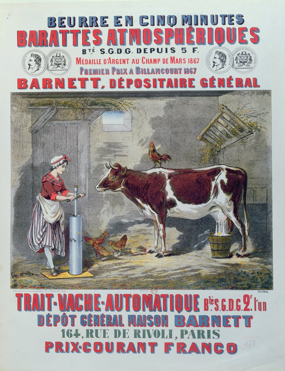 Advertisement for the Atmospheric Churn and Automatic Milking Machine, from Maison Barnett, Paris, c.1867 by Jules Gras