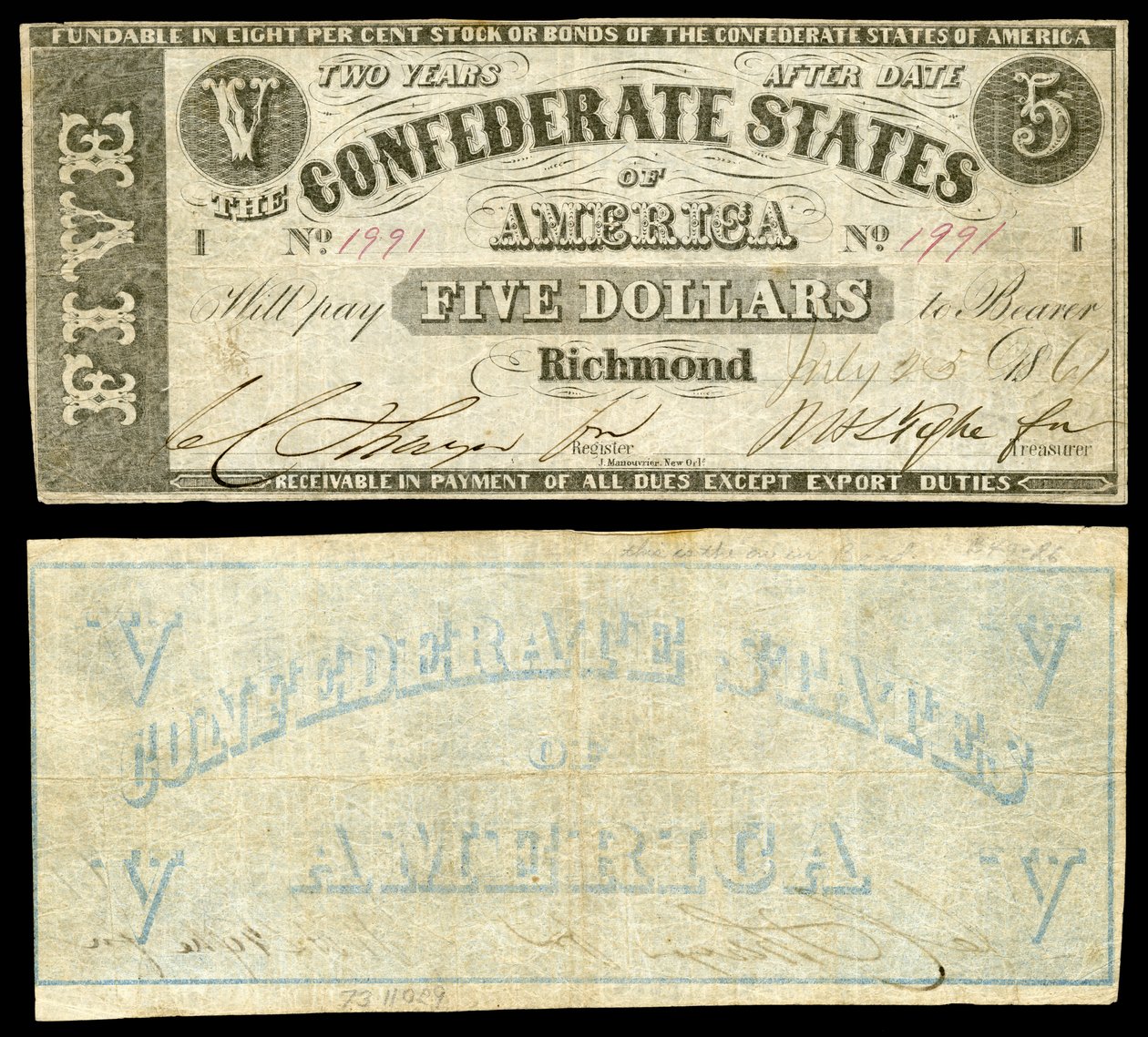 Second series $5 Confederate States of America banknote. Confederate States of America across front, only 1861 issued note with a printed reverse. by Jules Manouvrier