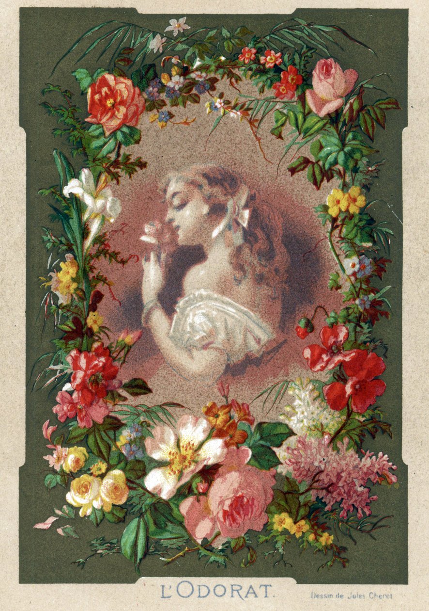 Smell, woman smelling a flower in a decor of roses, lilies and tulips by Jules (after) Cheret