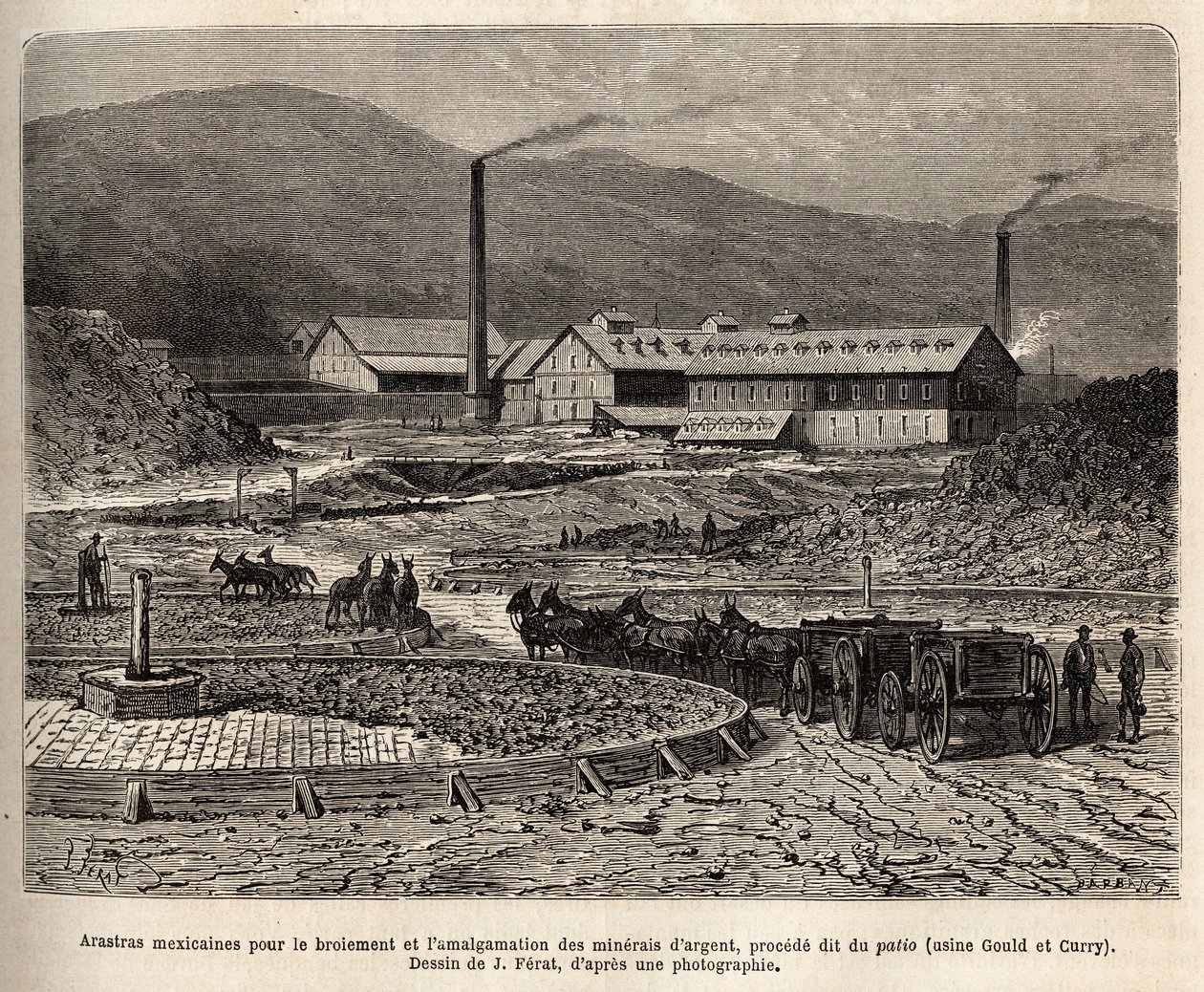 Mexican arastras (area trampled by the feet of the mules, as for the treading of the bles) for the grinding and amalgamation of silver ores (Gould and Curry factories) in the vicinity of Virginia City (Nevada), engraving after J.Ferat