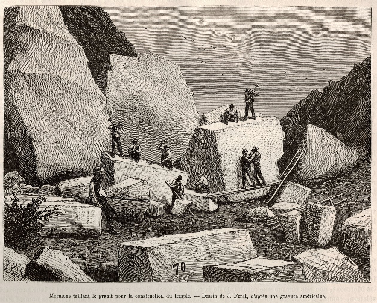 Mormon carving granite for temple construction (Engraving after J. Ferat
