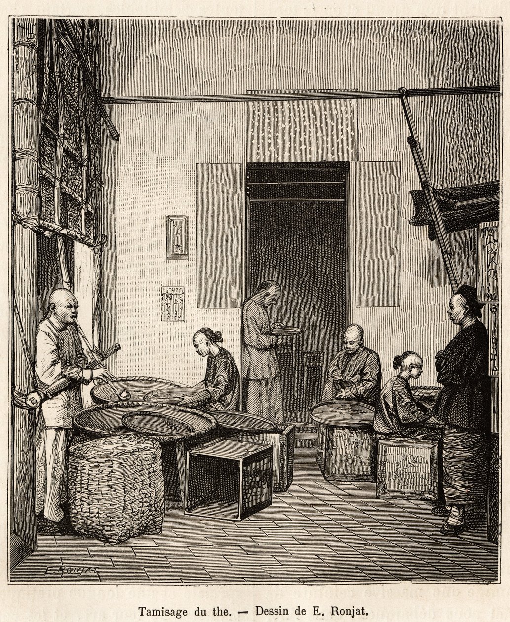 The screening of the gunpowder, to sort by sieves the granules according to their size and quality before the last drying that gives them their perfume, in a gunpowder factory in Fati Bay (Canton Province), engraving after a drawing by J. Ferat illustratin by Jules (after) Ferat