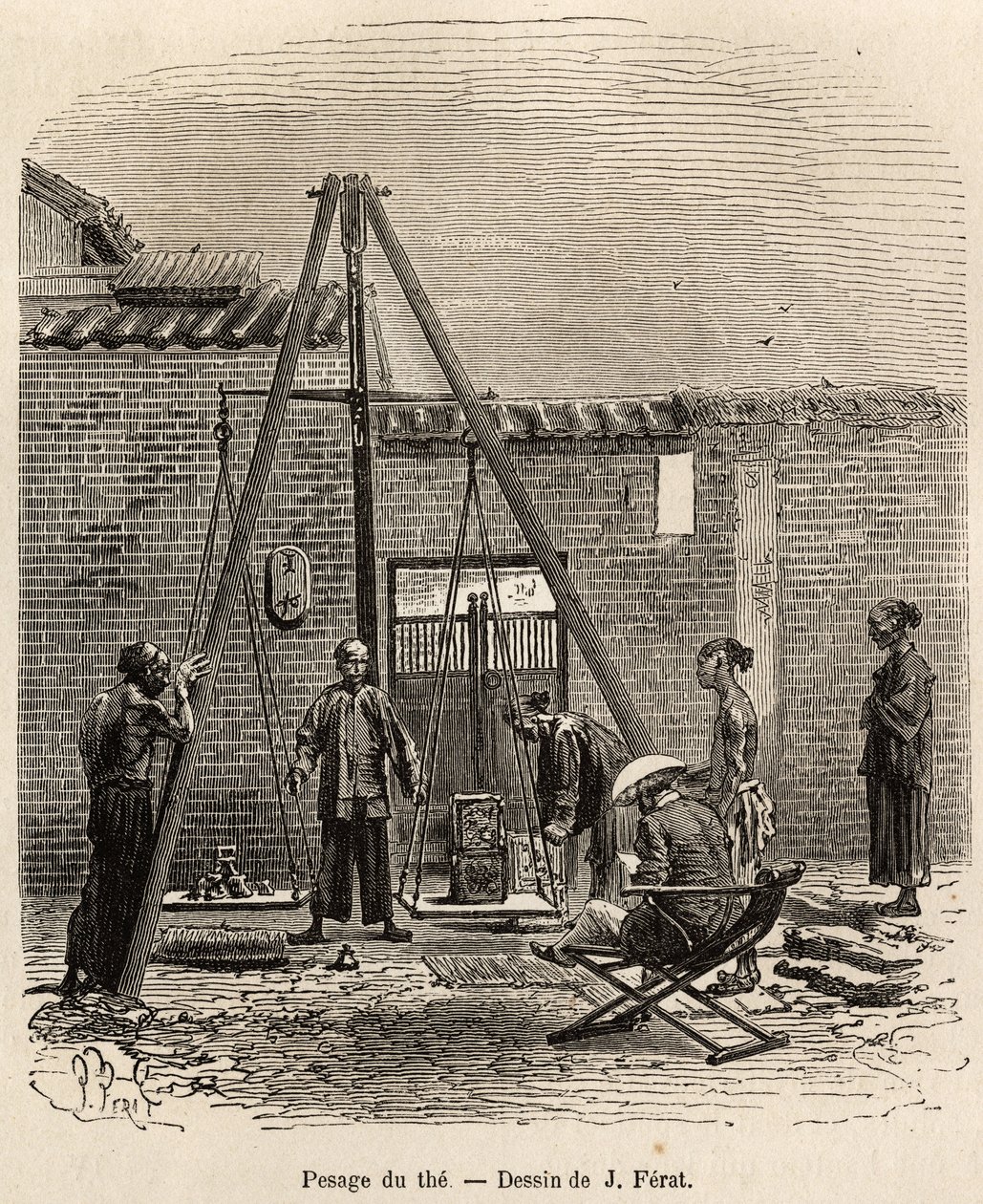 The weighing of the tea before its expedition on commercial markets in a gunpowder factory in Fati Bay (Canton Province), engraved after a drawing by J. Ferat illustrating the voyage to China, by J. Thompson, in 1870-1872, published in “Le tour du monde” 1 by Jules (after) Ferat