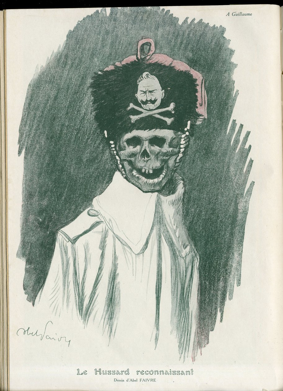 Illustration by Abel Faivre (1867-1945) in Fantasio, 01/05/15 - The grateful Hussard - War of 14-18, Germany Prussian - William II, Reaper/Comrade - Death, FacesRiantes by Jules Abel Faivre