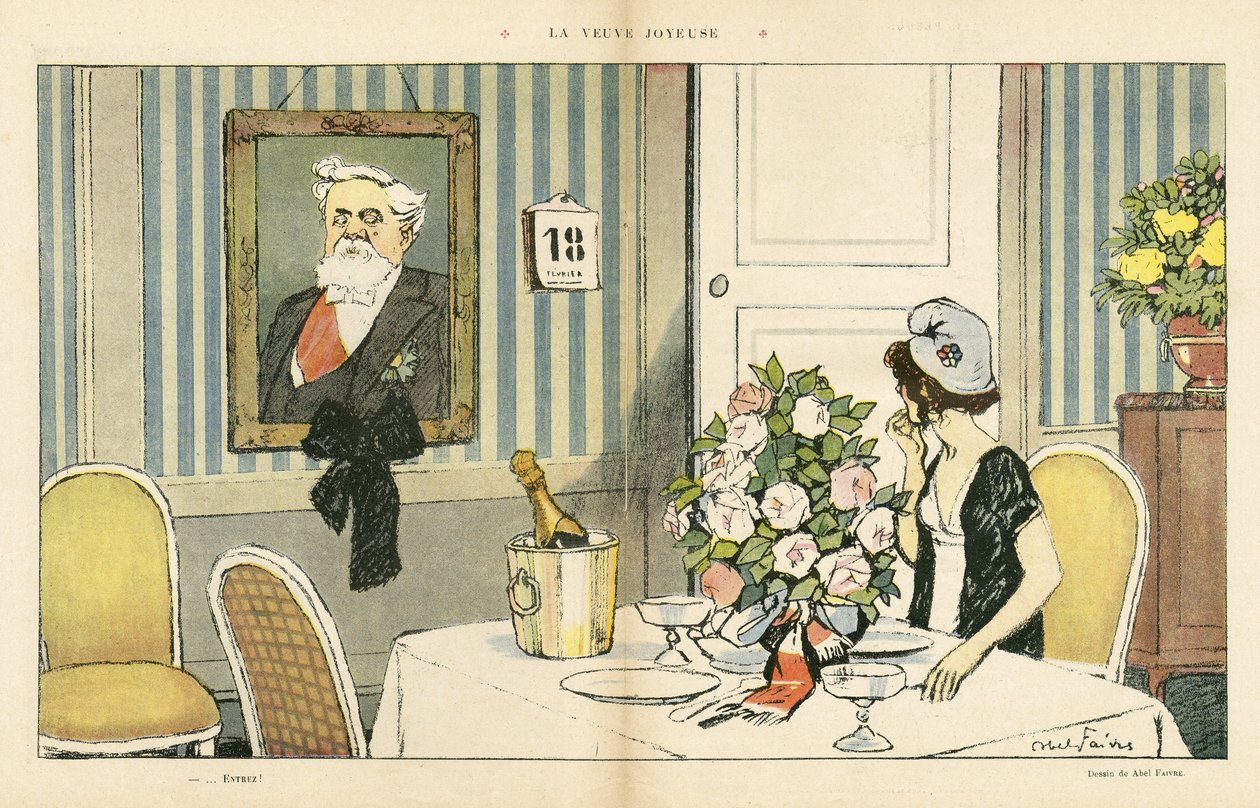 Illustration of Abel Faivre in Le Rire, 23/02/13 - The Joyous Widow - President of the Republic, Portrait - Marianne, Fallieres Armand by Jules Abel Faivre