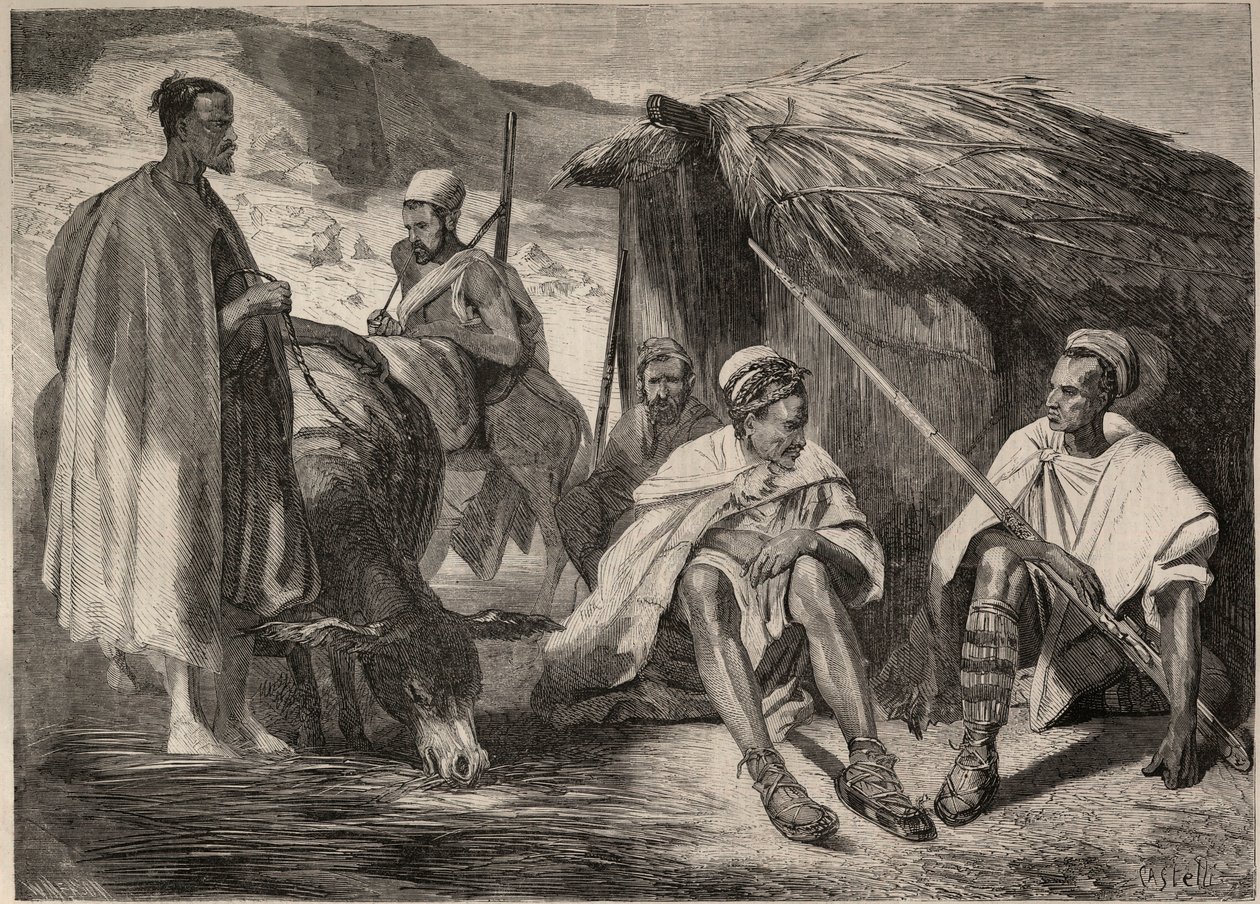 Kabyl tribes in Algeria in 1857. Engraving after the drawing by Jules Rigo. Engraving in 