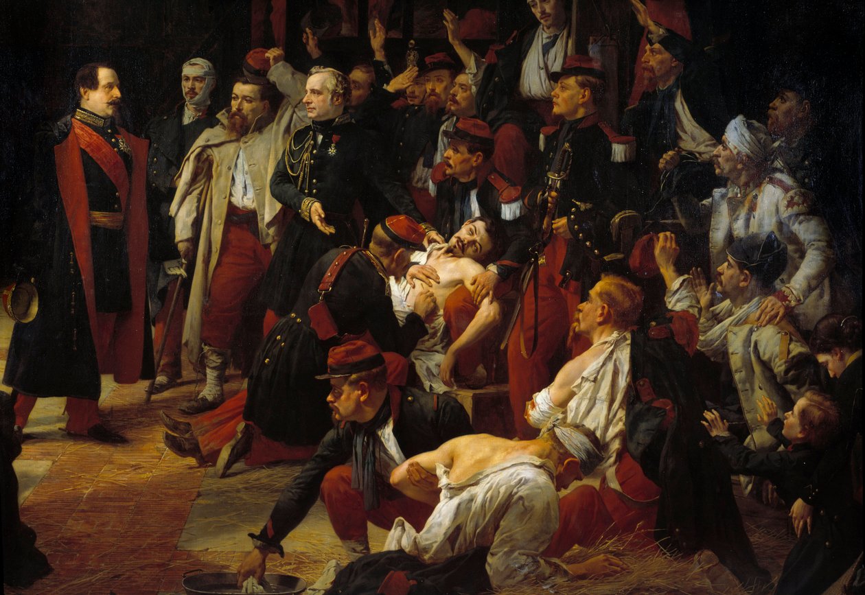 Emperor Napoleon III Visits the French, Piemontese and Austrian Wounds of the Battle of Montebello to the Ambulances of Voghere in May 1859 (detail) by Jules Alfred Vincent Rigo