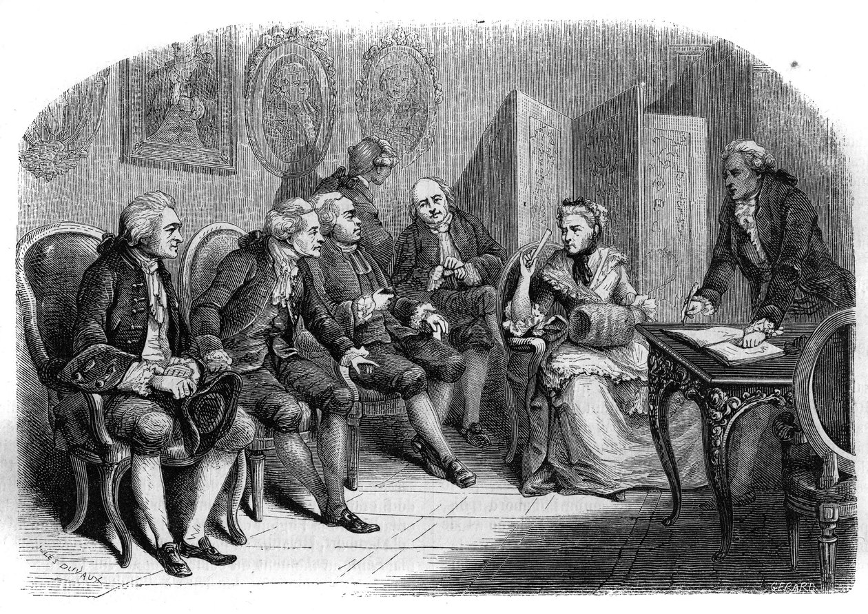 The literary salon of Marie Anne Doublet by Jules Antoine (after) Duvaux