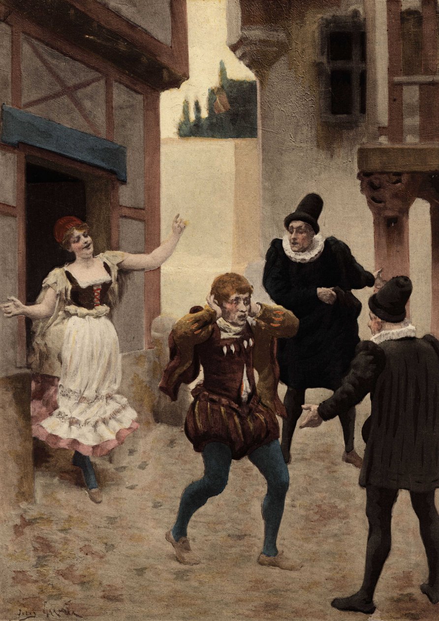 A Man Running Away, After His Wife is Found His Word. By His Side, the Doctor and the Surgeon Who Operated His Wife. Pantagruel. Illustration by Jules Garnier. Rabelais and the Work of Jules Garnier by Jules Arsene Garnier