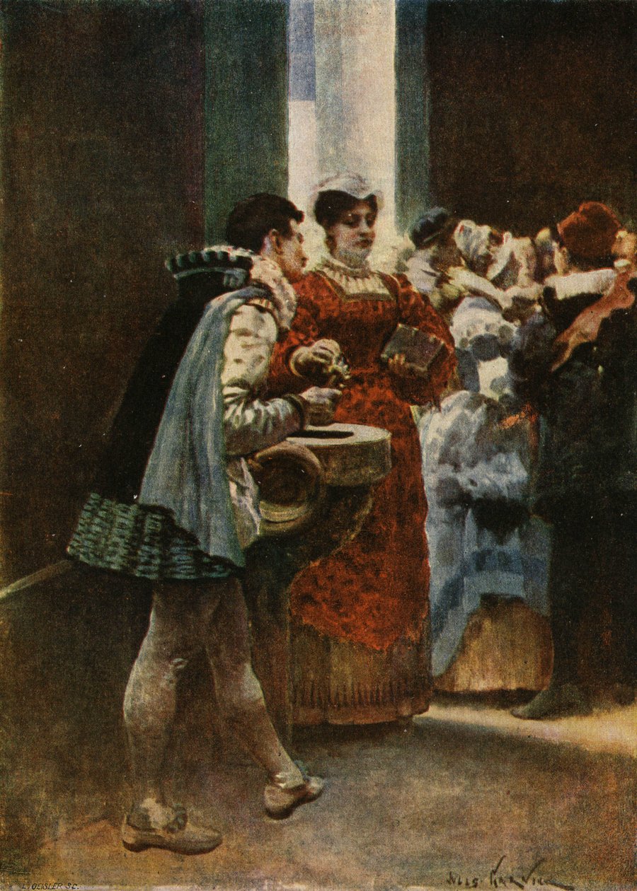 At the Entrance of a Church, Panurge Giving Holy Water to a Woman by Jules Arsene Garnier