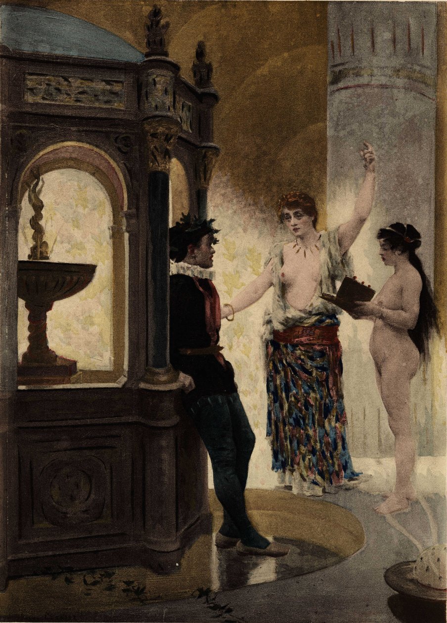 Bacbuc, Priestess of the Oracle of the Bottle, and Panurge. Pantagruel. Illustration by Jules Garnier. In 