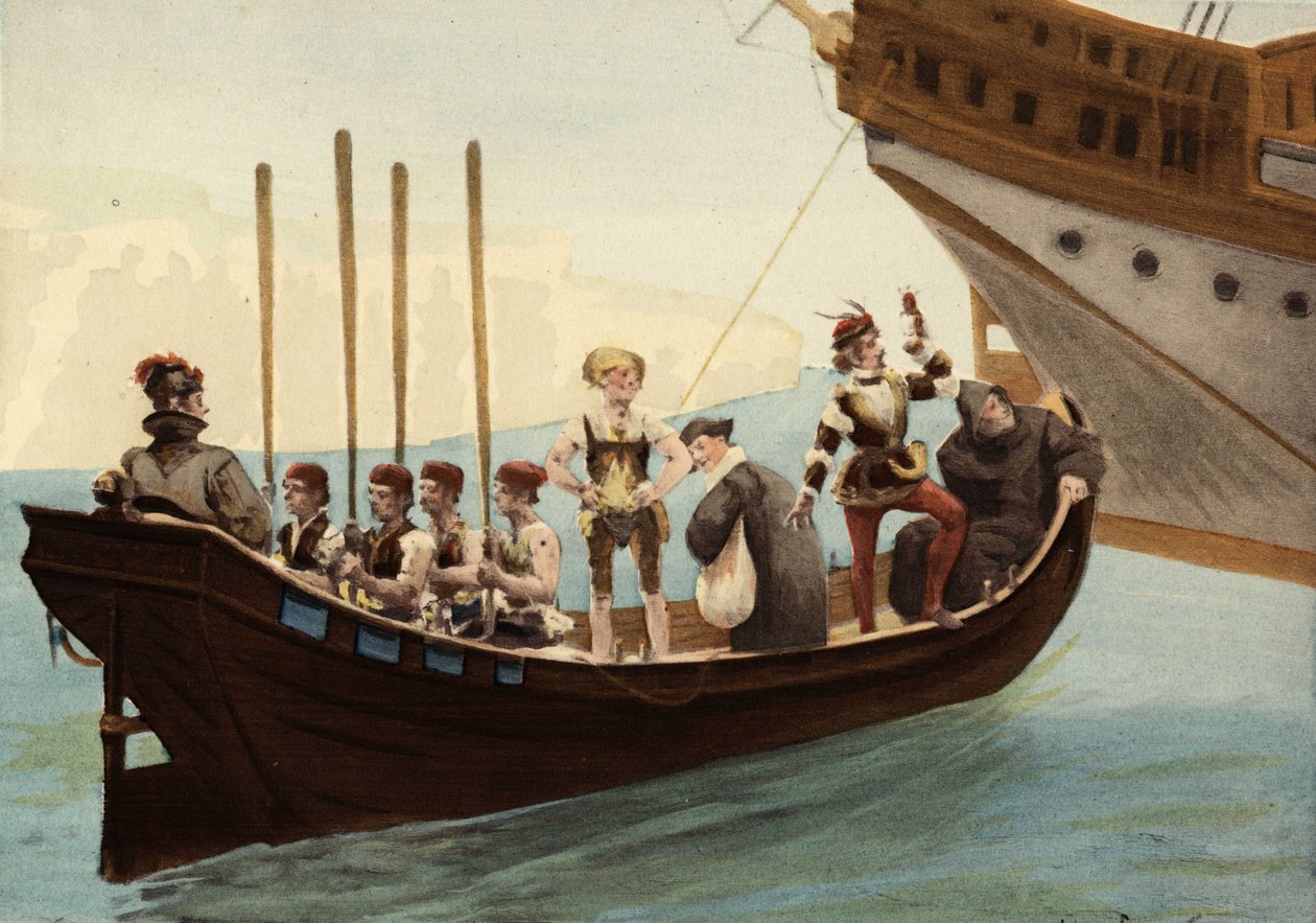 Boat in the Port of Papimania Island. Pantagruel. Illustration by Jules Garnier. In 