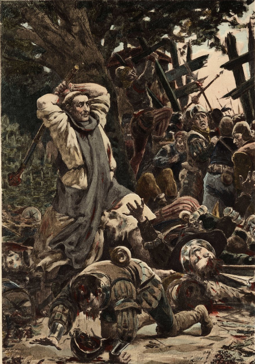 Brother Jean beating the soldiers of Picrochole with a stick. Illustration by Jules Garnier. In 