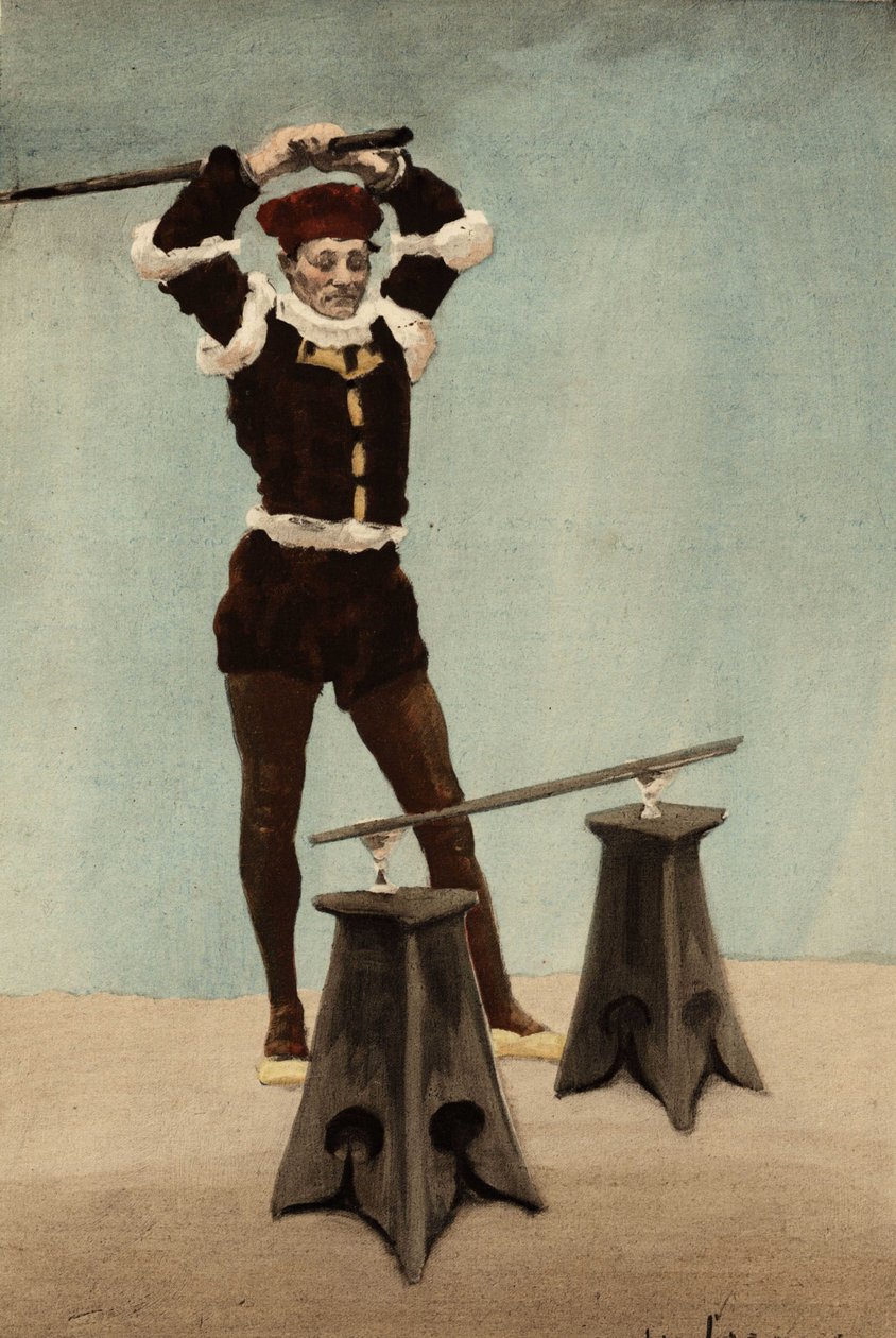 Eusthenes Striking the Stick Hanging on Two Glasses Set Up by Panurge. Pantagruel. Illustration by Jules Garnier. In 