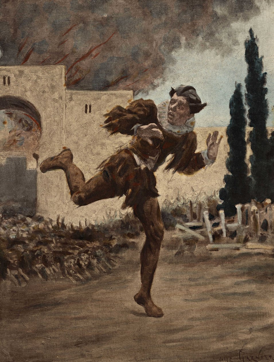 Panurge Chased by a Pack of Dogs Fleeing from the Burning Town of Mytilene (Turkey). Pantagruel. Illustration by Jules Garnier. In 
