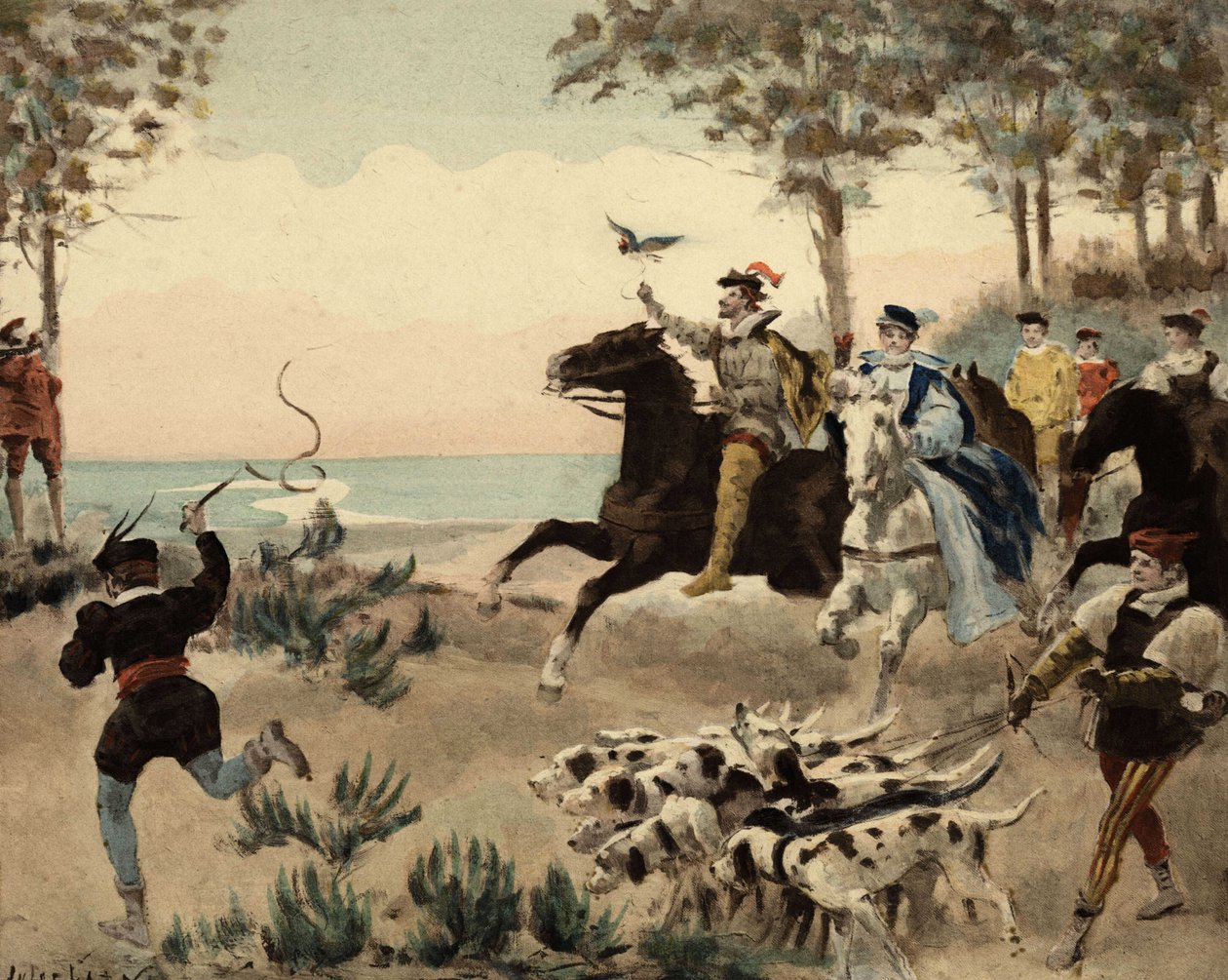 Residents of Theleme Abbey, the Thelemites, Hunting. Gargantua. Illustration by Jules Garnier. In 