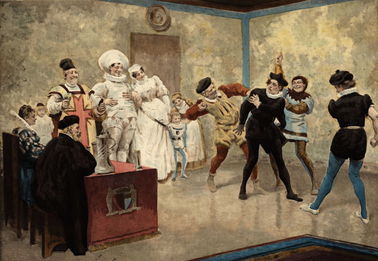 Two men hitting a Chiquanous. Illustration by Jules Garnier. In 