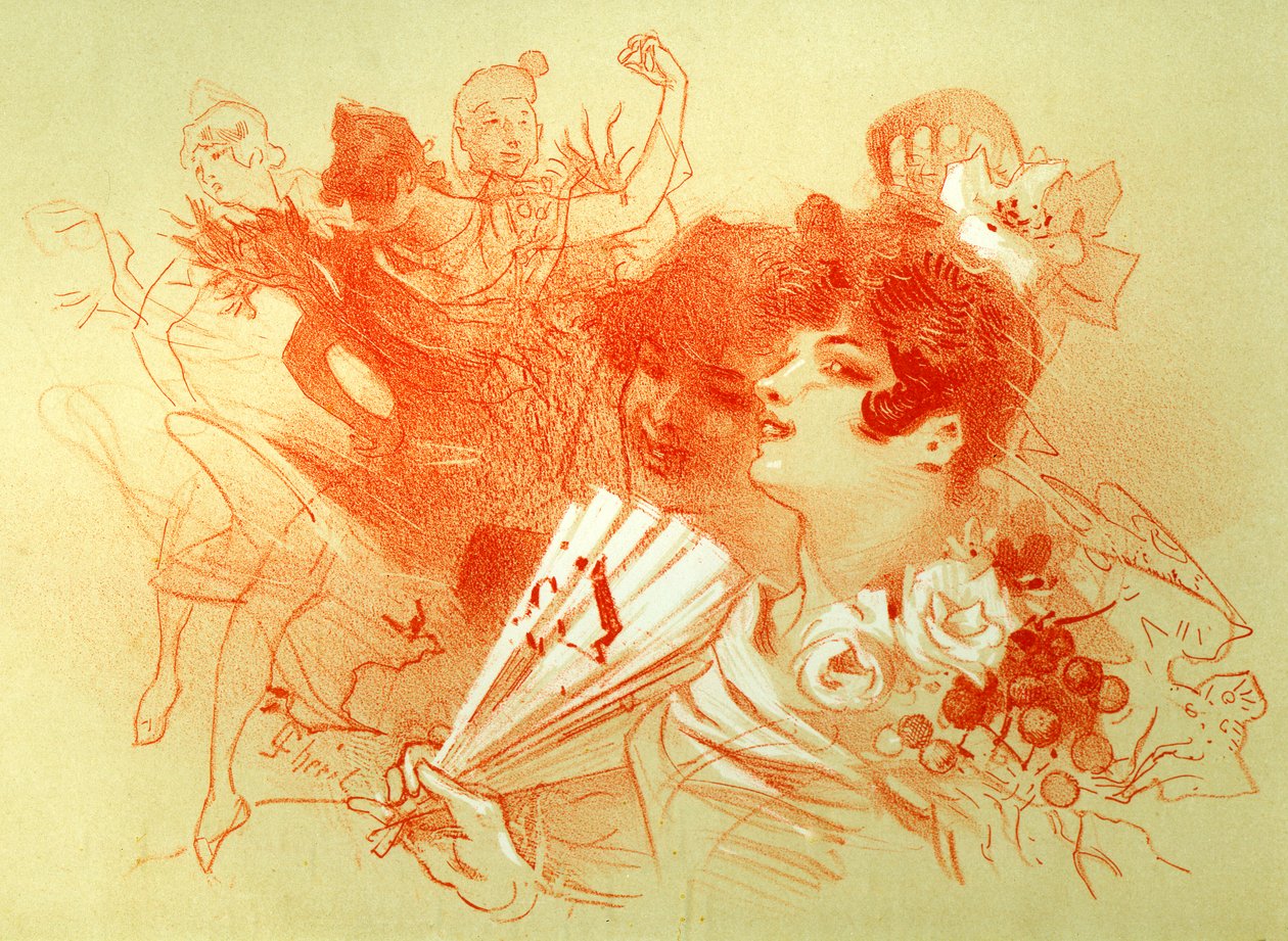 At the ball - drawing by Jules Cheret - young women and dancers - dance - private collection by Jules Cheret