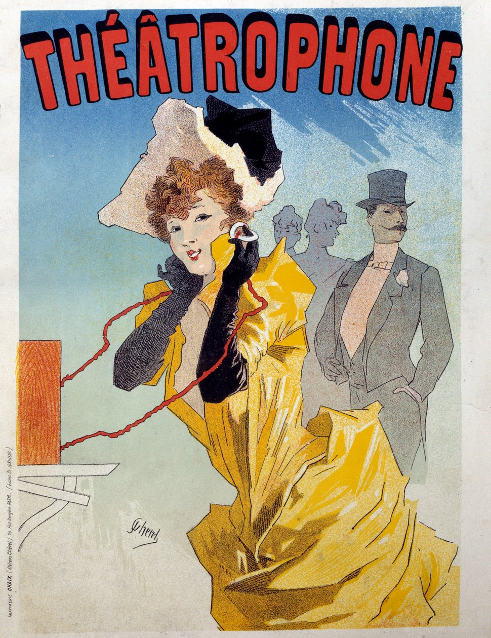 Poster for the Theatrophone: a young elegante listens to a piece of theatre by Jules Cheret