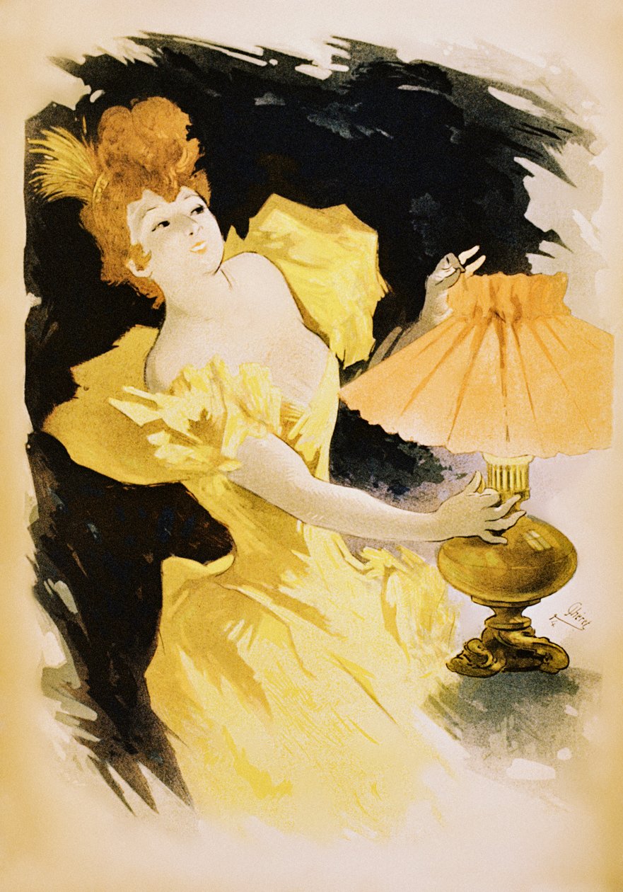 Vintage poster of elegant woman turning on gaslamp by Jules Cheret