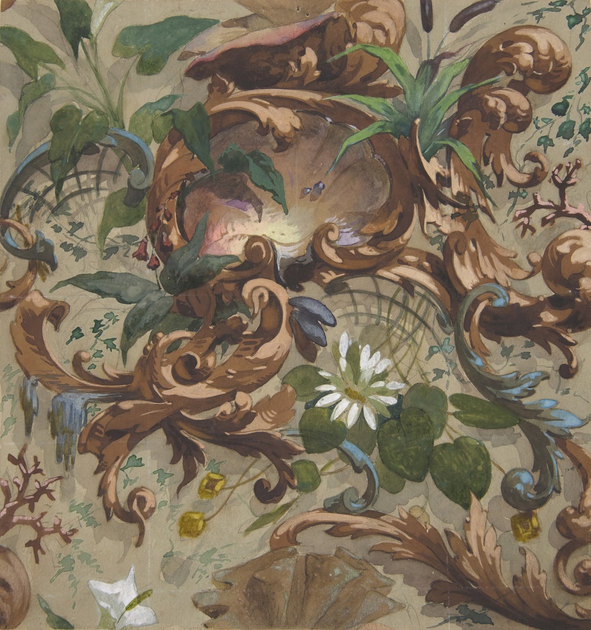Design for wallpaper featuring shells, waterlilies, and cattails, 1830-97 by Jules Edmond Charles Lachaise and Eugène Pierre Gourdet