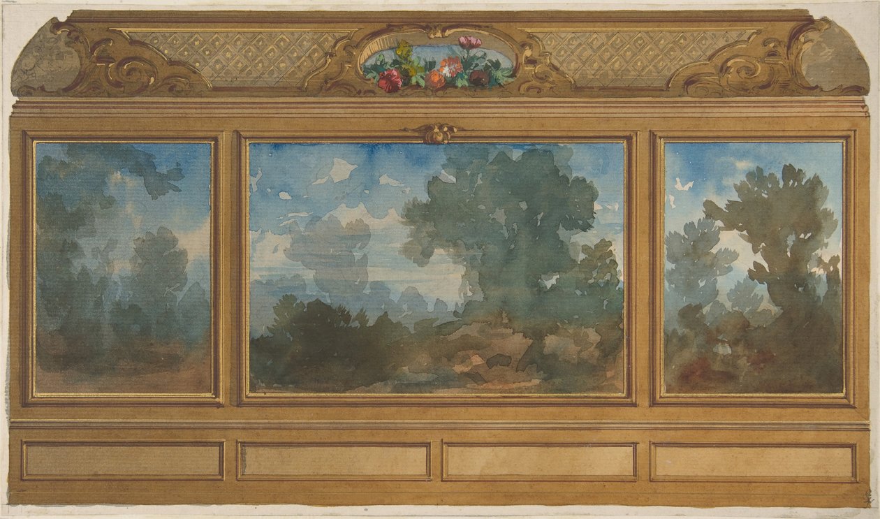 Elevation of a paneled interior decorated with painted landscapes and coves, 1830-97 by Jules Edmond Charles Lachaise and Eugène Pierre Gourdet