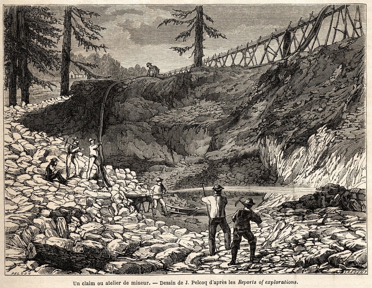 A mining claim or workshop in California, drawing by Jules Pelcoq, to illustrate the story of Baron de Wogan