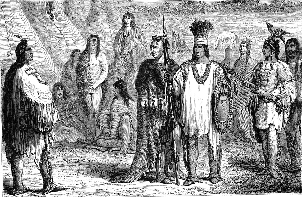 Creeks Indians, from the South East of the United States. Engraving 1885 by Jules Pelcoq