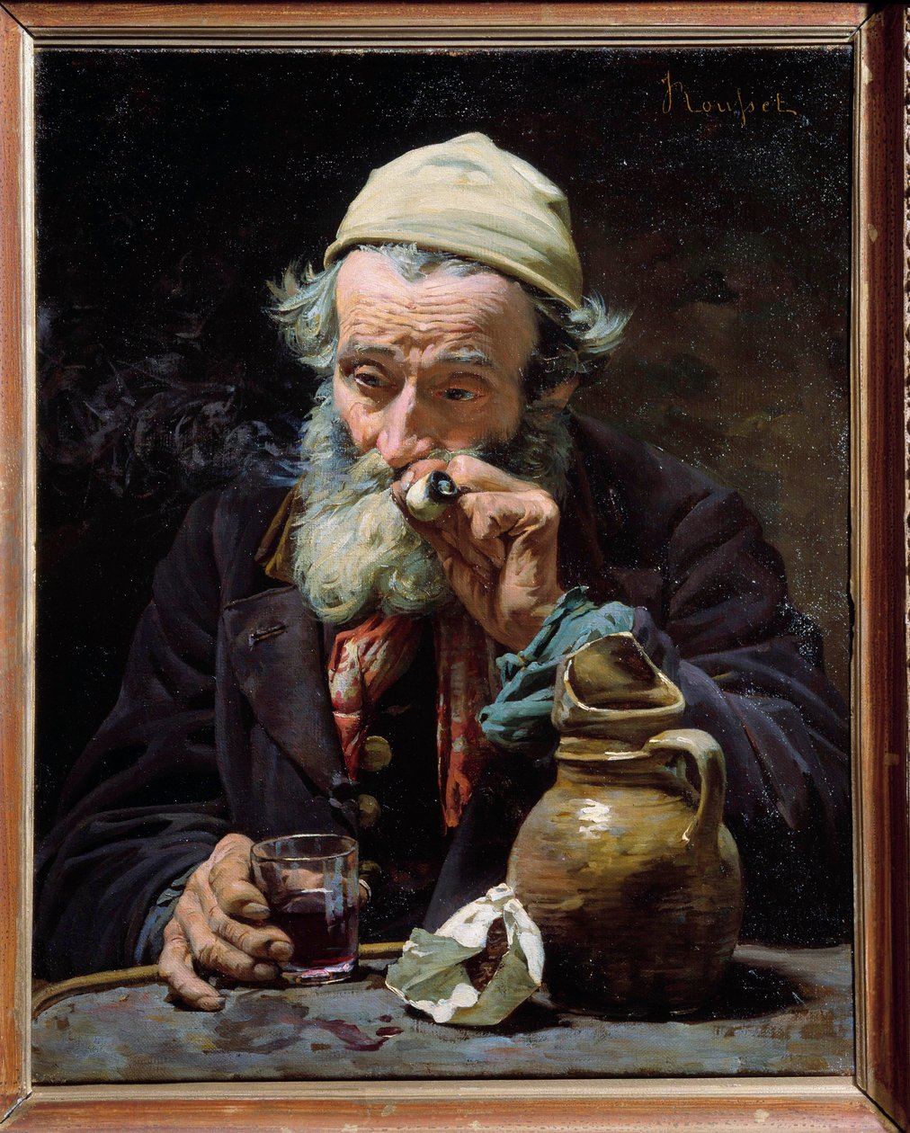 The Drinker An old man smoking the pipe and drinking a glass of