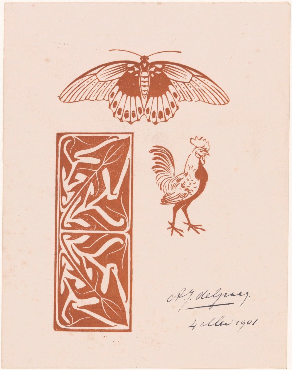 Butterfly, Rooster, and Foliage by Julie de Graag (signed by artist)