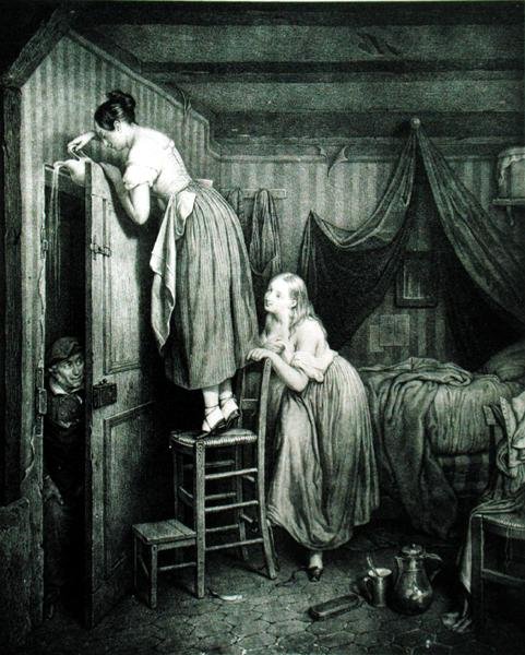 The Nosy Parker Punished, engraved by Alphonse Leon Noel by Julien (after) Vallou de Villeneuve